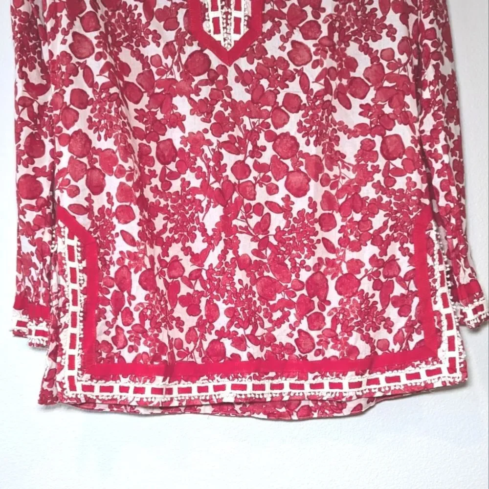 Tory Burch Red Floral Crochet Ribbon Details Blouse